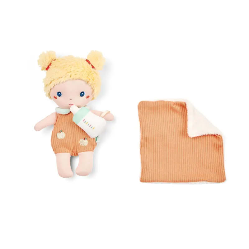 Bambola bionda con culla portatile, biberon e coperta, per neonati dai 12 mesi